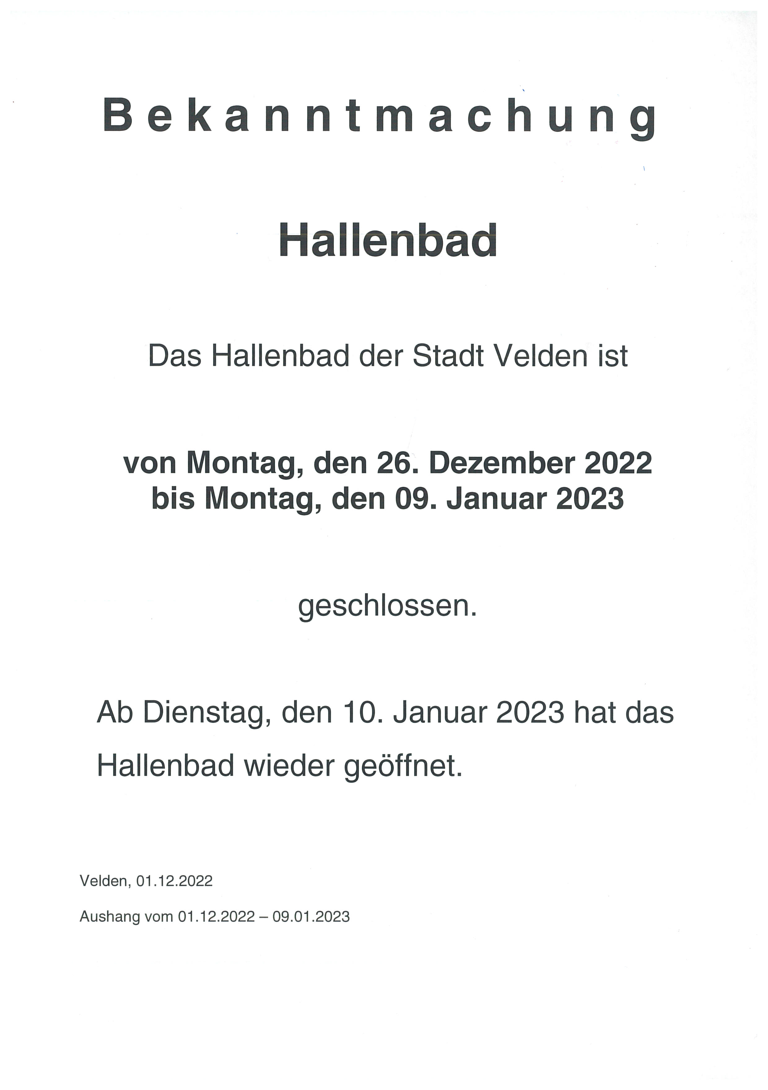Hallenbad geschlossen Weihnachten 2022
